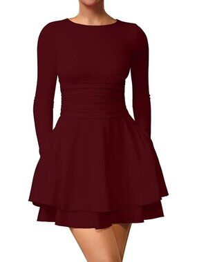 Women's Mini Dress Winered Polyster Crew Neck Long Sleeve Bodycon Pull Over